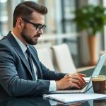 Empresário trabalhando em escritório moderno, usando blazer e óculos, focado no laptop, com uma xícara de café ao lado, ambiente de trabalho sofisticado e iluminação natural.