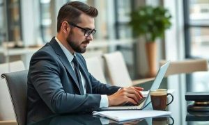 Empresário trabalhando em escritório moderno, usando blazer e óculos, focado no laptop, com uma xícara de café ao lado, ambiente de trabalho sofisticado e iluminação natural.