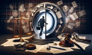 Retrato de um profissional de advocacia entrando em uma cabine de lavagem de dinheiro, simbolizando questões jurídicas complexas, poder e justiça, com balanças da justiça, livros, cifras e objetos legais ao redor.