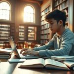 Biblioteca com jovem estudando e acessando site de notícias de direito, simbolizando pesquisa jurídica e atualizações em legislação.