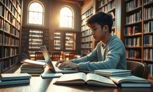 Biblioteca com jovem estudando e acessando site de notícias de direito, simbolizando pesquisa jurídica e atualizações em legislação.