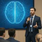 Cérebro digital com circuitos tecnológicos, conferencista em evento de direito, inovação em tecnologia para o setor jurídico, palestra sobre inteligência artificial em direito, apresentação para advogados e profissionais jurídicos.