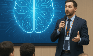 Cérebro digital com circuitos tecnológicos, conferencista em evento de direito, inovação em tecnologia para o setor jurídico, palestra sobre inteligência artificial em direito, apresentação para advogados e profissionais jurídicos.