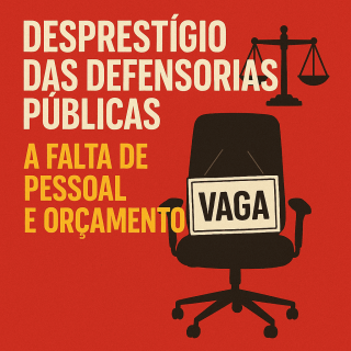 Vaga para cadeira de escritório com placa de aviso de vaga, símbolo de justiça e escala de equilíbrio ao fundo, demonstrando crise na defensoria pública e falta de recursos públicos para o setor.