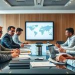 Reunião de negócios com profissionais debatendo estratégias jurídicas em ambiente corporativo em sala moderna.