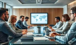 Reunião de negócios com profissionais debatendo estratégias jurídicas em ambiente corporativo em sala moderna.
