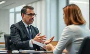 Advogado explicando direitos e orientações jurídicas para a cliente em escritório de advocacia, foco em notícias de direito e atualidades jurídicas no Portal Direito Hoje Notícias.
