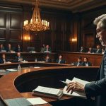 Auditor de tribunal de justiça lendo documento em sessão do tribunal com juízes ao fundo.