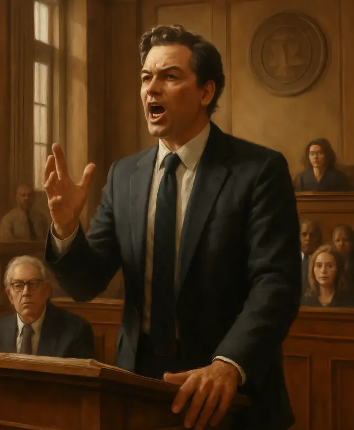 Advogado em tribunal fazendo defesa apaixonada durante julgamento importante em filme dramático de tribunal.