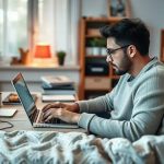 Home-office-trabalho-home-office-trabalhador-digitando-no-laptop-ambiente-confortavel-estilo-de-vida-de-trabalho-remoto-em-casa-advocacia-e-direito-advogado-trabalho-remoto-recuperar-deferenca de direitos-trabalhistas-ambientação de escritório doméstico.