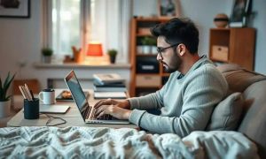 Home-office-trabalho-home-office-trabalhador-digitando-no-laptop-ambiente-confortavel-estilo-de-vida-de-trabalho-remoto-em-casa-advocacia-e-direito-advogado-trabalho-remoto-recuperar-deferenca de direitos-trabalhistas-ambientação de escritório doméstico.