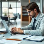 Advogado em escritório de direito, analisando documentos jurídicos para notícias de direito, direito penal, civil e trabalhista, foco em atualidades e jurisprudência.