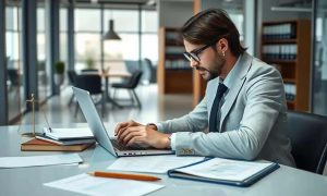 Advogado em escritório de direito, analisando documentos jurídicos para notícias de direito, direito penal, civil e trabalhista, foco em atualidades e jurisprudência.