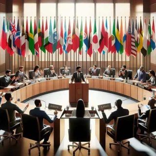 Comitê internacional de nações reunido para discutir assuntos globais com bandeiras de vários países ao fundo.