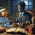 Analista jurídico em escritório de advocacia com computador e livros de direito; tema relacionado a notícias de direito hoje, direito na atualidade, decisões jurídicas e legislação.