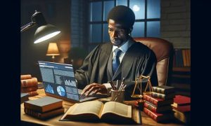Analista jurídico em escritório de advocacia com computador e livros de direito; tema relacionado a notícias de direito hoje, direito na atualidade, decisões jurídicas e legislação.