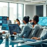 Tecnologia e análise de dados em reunião corporativa moderna com profissionais usando máscaras de proteção em ambiente de escritório de alta tecnologia.