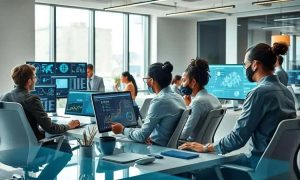 Tecnologia e análise de dados em reunião corporativa moderna com profissionais usando máscaras de proteção em ambiente de escritório de alta tecnologia.