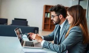 Profissionais do Direito participando de reunião de trabalho com tecnologia e inovação em escritório de advocacia.