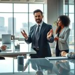 Profissionais de direito em reunião de negócios em ambiente corporativo moderno com janelas de vidro e vista de cidade, discutindo avanços legais e estratégias jurídicas.