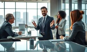Profissionais de direito em reunião de negócios em ambiente corporativo moderno com janelas de vidro e vista de cidade, discutindo avanços legais e estratégias jurídicas.
