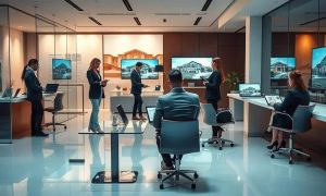 Advogados e profissionais do direito em reunião de análise jurídica em escritório de advocacia moderno com tecnologia de ponta.