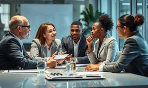 Consultores jurídicos em reunião de negócios para discutir estratégias de direito empresarial e compliance no escritório de advocacia Direito Hoje Notícias.