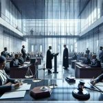Decisão judicial em tribunal de direito, audiência de julgamento, profissionais de direito e advogados em ação judicial formal.