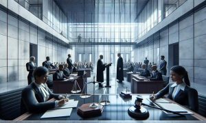 Decisão judicial em tribunal de direito, audiência de julgamento, profissionais de direito e advogados em ação judicial formal.