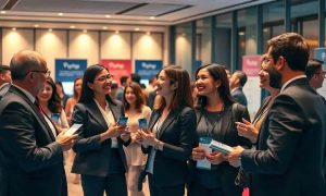 Profissionais de direito em networking na conferência de notícias do Direito Hoje, promovendo conexão e troca de informações jurídicas em evento de destaque no setor jurídico brasileiro.