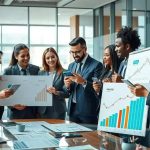 Relatório de negócios com equipe de profissionais analisando gráficos e dados de mercado em ambiente corporativo moderno.