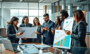 Relatório de negócios com equipe de profissionais analisando gráficos e dados de mercado em ambiente corporativo moderno.