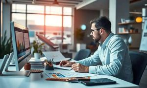 Profissional trabalhando em escritório com computador, analisando dados e notícias jurídicas, foco em direito, direito hoje notícias, informações atualizadas sobre legislação e jurisprudência.