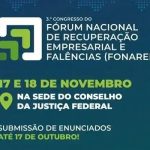 Congresso do Fórum Nacional de Recuperação Empresarial e Falências, evento em Brasília, com foco em recuperação de empresas, falências e direito empresarial, ocorrendo nos dias 17 e 18 de novembro.