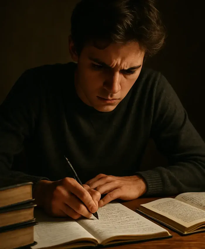 Estudante concentrado estudando direito com livros abertos, símbolo de busca por conhecimento jurídico.