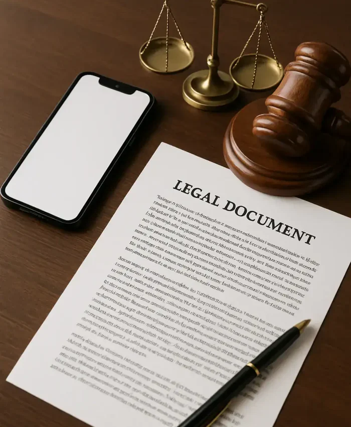 Procuradoria de Justiça, advogado com celular, balança de justiça, martelo de juiz e documento legal, advocacia e direito, essenciais para processos jurídicos e legislação brasileira.