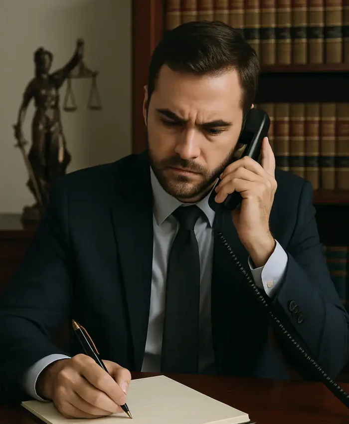 Advogado sério falando ao telefone em escritório com decoração clássica, evidenciando temas de direito, justiça e advocacia no Brasil, ideal para notícias jurídicas e atualidades legais.