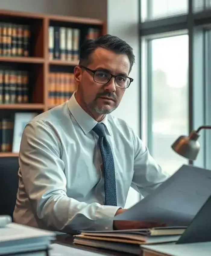 Advogado analisando documentos jurídicos em escritório de advocacia com estantes de livros ao fundo, representando atualização e conhecimento na área do Direito.