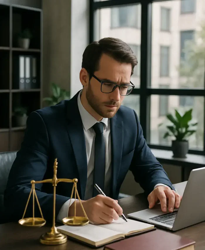 Advogado estudando na mesa com balança da justiça, livros jurídicos e laptop, representando temas de direito, legislação, advocacia e notícias jurídicas no contexto de Direito Hoje Notícias.