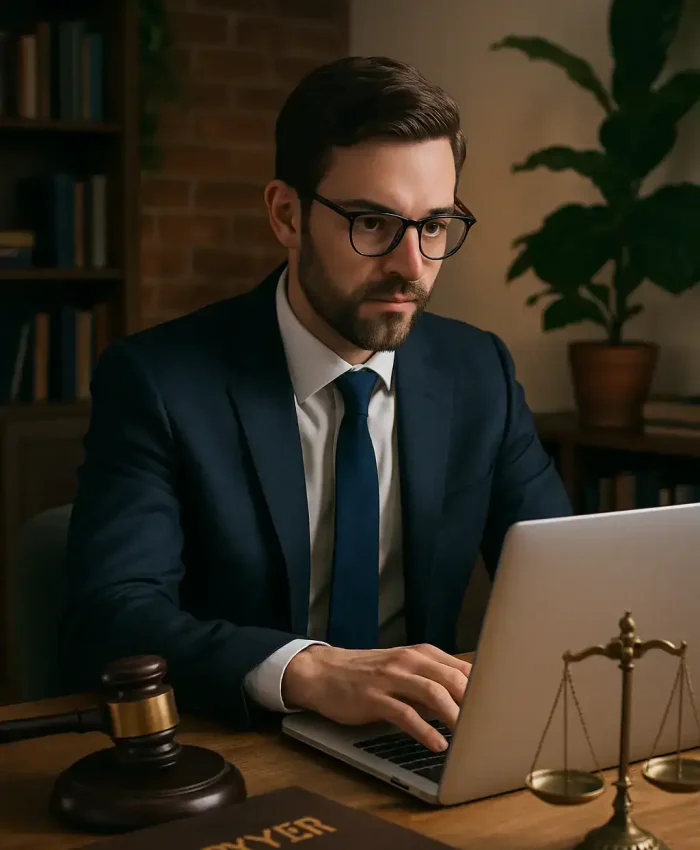 Advogado analisando documentos jurídicos em escritório com livros de direito e balança da justiça ao fundo, símbolo do setor jurídico e da advocacia.