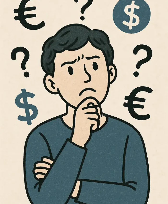 Dinheiro e símbolos de moeda passando pela cabeça, pessoa pensando em questões financeiras, dúvidas sobre valores de Euro e Dólar, ilustração para temas de direito financeiro, sociedade, economia, dúvidas jurídicas.