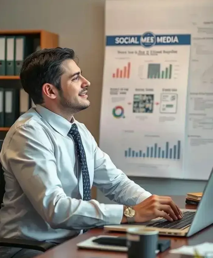 Relatório de análise de dados de redes sociais e media digital em ambiente de escritório, com homem sorridente usando roupas formais, focado em gráficos e relatórios de mídia social, contexto jurídico e notícias.