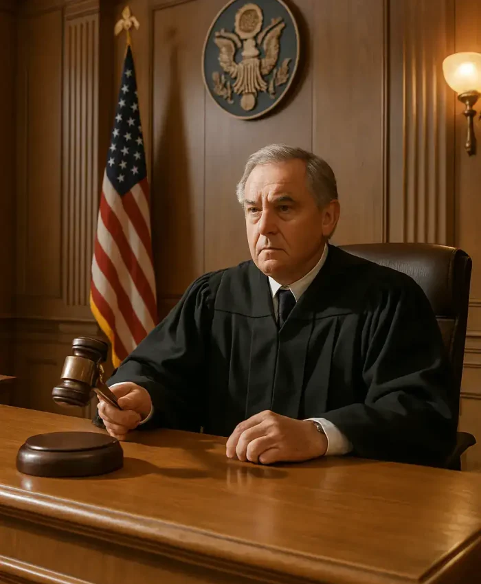 Juiz em julgamento usando toga, sentado atrás de mesa de madeira com martelo na mão, ao fundo bandeira dos EUA e escudo do tribunal de justiça, clima formal e de decisão judicial.