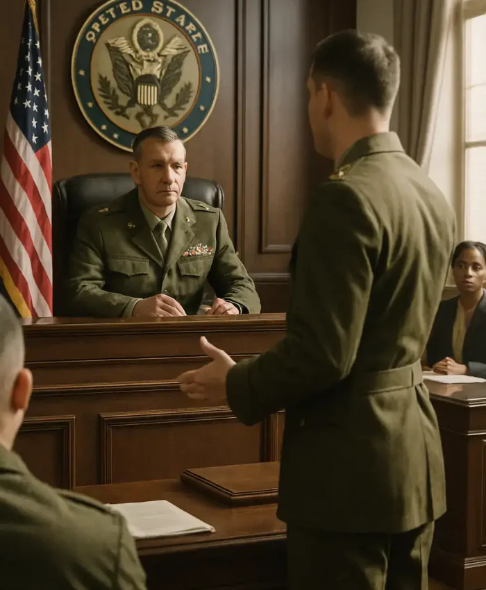 Majestoso encontro militar em tribunal dos Estados Unidos, com oficial de alta patente sentado na frente de mural com emblema do Departamento de Estado, enquanto soldado em uniforme militar responde questão.