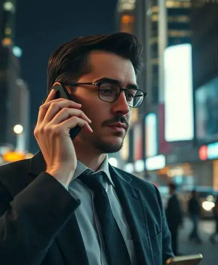 Man profissional de negócios conversando ao telefone na cidade à noite, usando terno e óculos, com luzes de néon ao fundo - direito hoje notícias.