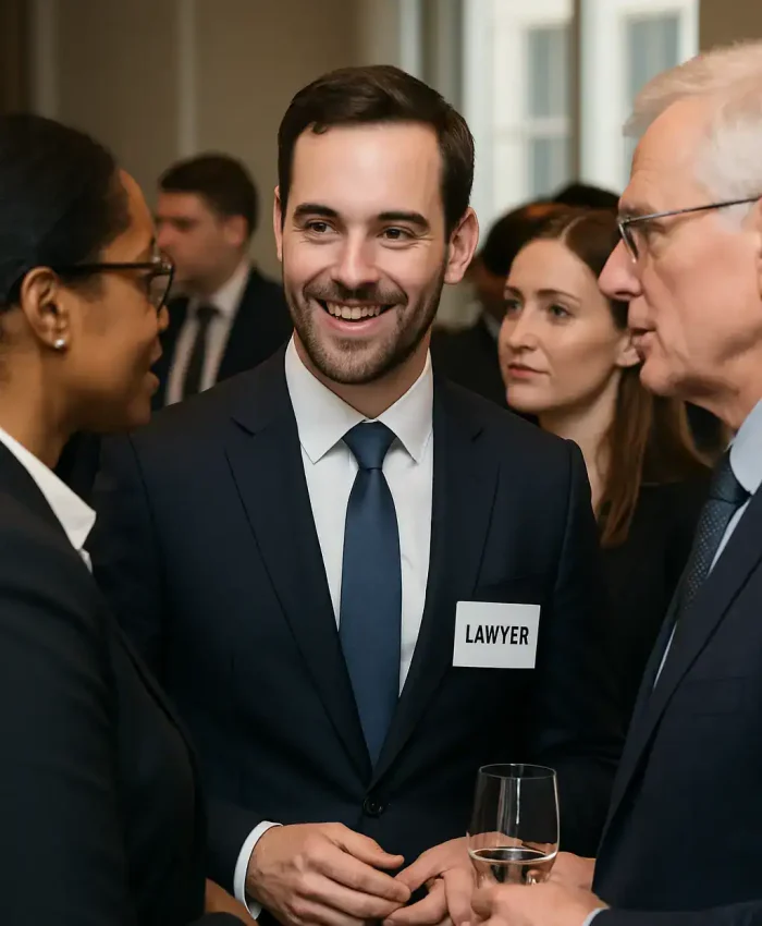 Advogado conversando em evento de Direito Hoje Notícias, rede de notícias jurídicas, com profissionais do direito em confraternização e networking, focado em notícias de direito e atualidades jurídicas.