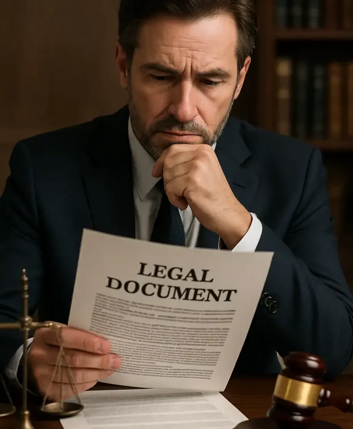 Documento jurídico, homem analisando carta de lei, conceito legal, advogado, leitura de documento legal.