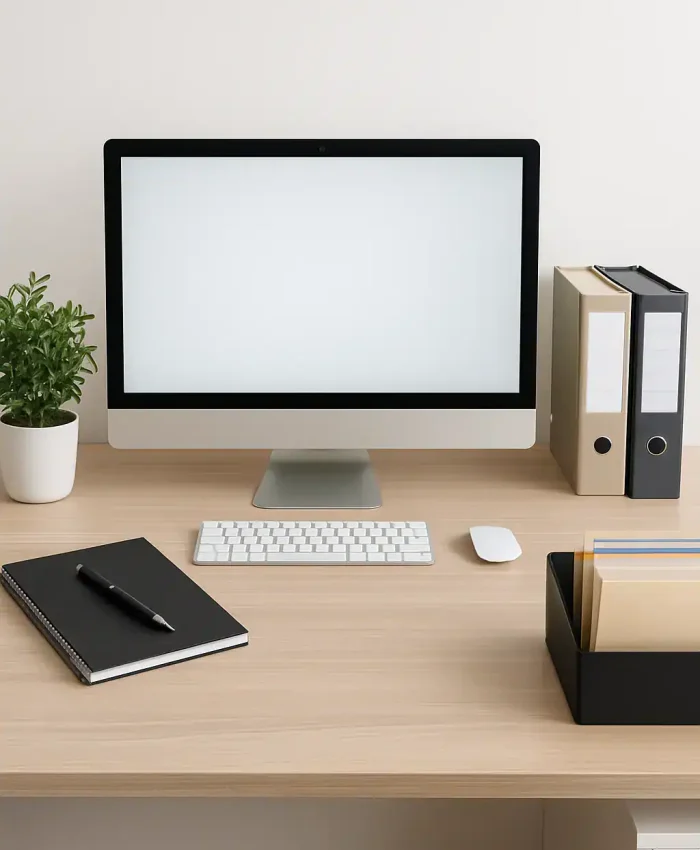 Monitor de computador em ambiente de escritório com fundo branco, ao lado de pastas e objetos de escritório.