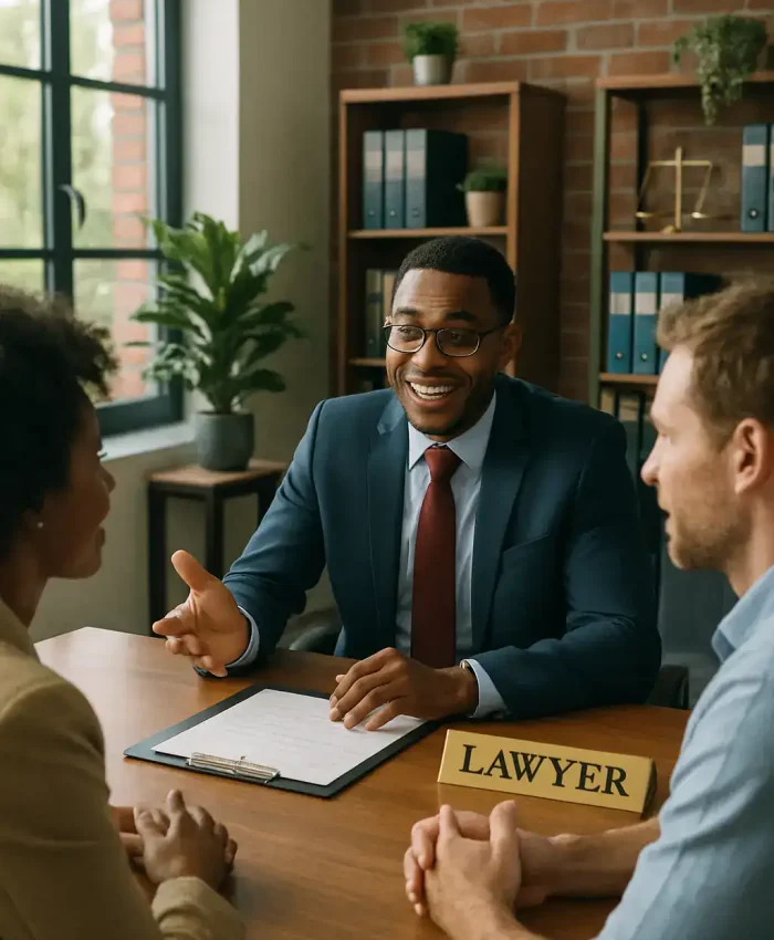 Advogado atendendo clientes em escritório de advocacia, conceito de suporte jurídico, consultoria legal, direitos civis, direito trabalhista e defesa jurídica, ambiente profissional, equipe jurídica moderna.