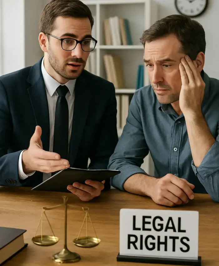 Advogados discutindo direitos legais em escritório de advocacia com placa de direitos legais, representação de consultoria jurídica, advocacia e resolução de conflitos jurídicos.